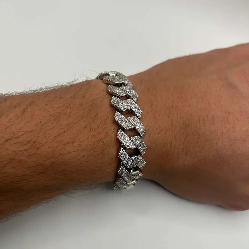 Moissanite Cuban Bracelet Silver 15mm New 4 Row 6.75 Inch Vvs1 Passes Tester